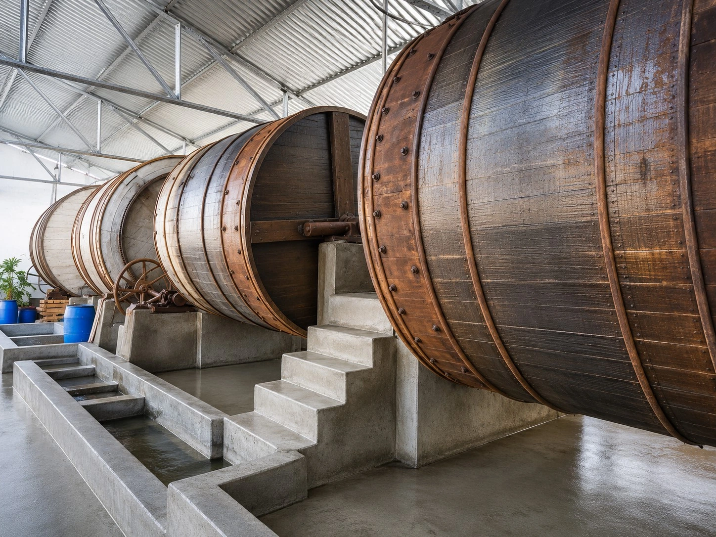 Leather tanning drums at the factory